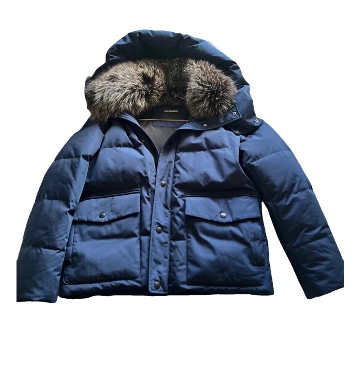 Piumino uomo Yves Salomon blu navy con orlo in pelliccia di volpe prezzo consigliato £1350