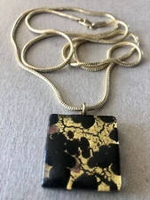 Glass Murano Style Pendant Necklace Gold Black 30”