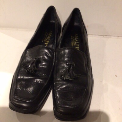 Amalfi By Rangoni Black Leather Slip On Block Heel Shoes Size