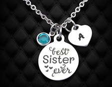 Best Sister Ever Necklace w/ Initial  Birthstone, Sister Birthday Jewelry Gift