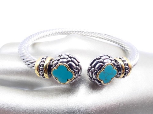 UNIQUE 18kt Gold Plated Cable Dots Texture Turquoise Clover Flower Cuff Bracelet - Picture 10 of 11