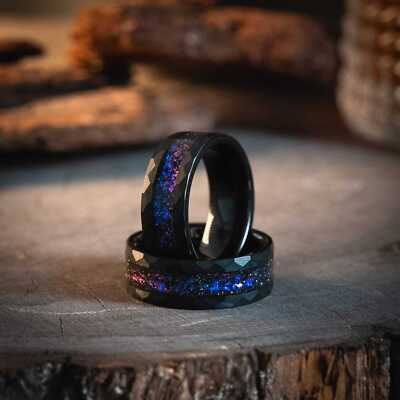 Black Hammered Nebula Meteorite Ring x Galaxy Blue Sandstone Wedding Band - 8mm