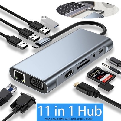 USB-C Hub 11-IN-1 Adapter LAN Ethernet Micro SD Kartenleser RJ45 Port VGA HDMI