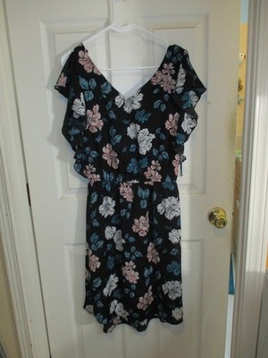 Y2K Merona Dress Black wPink White Flowers Ruffle Sleeve Lined Tulip Bottom- S