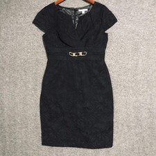 Sandra Darren Dress Womens 6 Gray Short Sleeve Jacquard Sheath Gold Belt Lined