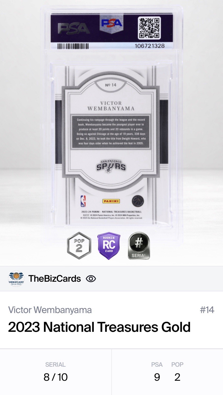 Panini National Treasures Victor Wembanyama #14 Rookie Gold /10 PSA 9 RC view 3