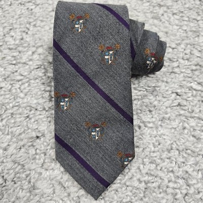 Hickey Freeman Necktie Mens Grey Purple Crest Stripe Silk Wool Preppy Classic