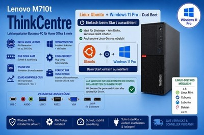 Lenovo M720t PC i3 8100 256 SSD 3,6GHz 8th 8GB Windows 11Pro + Ubuntu Linux