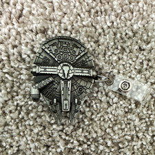Star Wars Millennium Falcon Silver Metal ID Badge Card Holder w/ Belt Clip