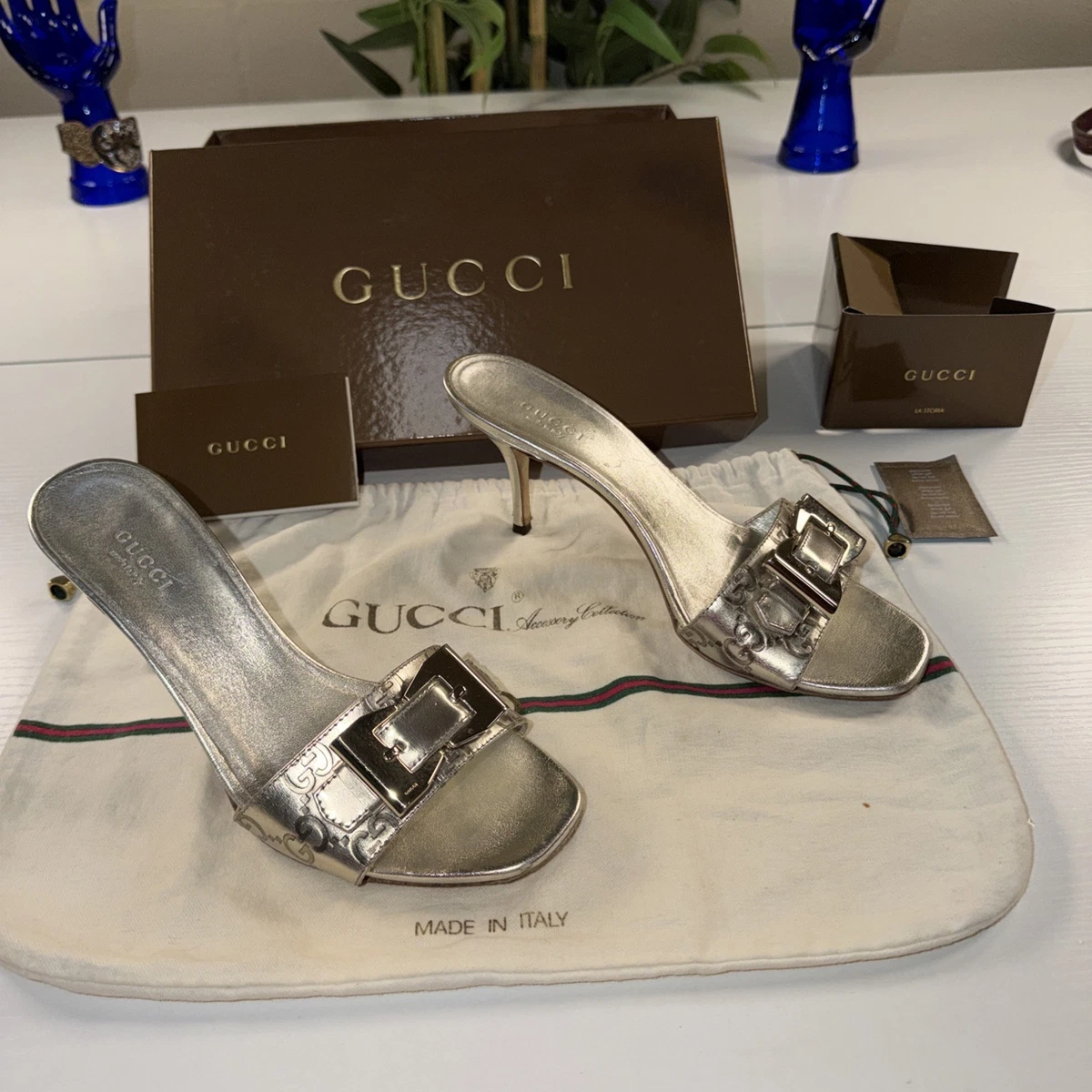 Gucci - Interlocking G leather peep-toe pumps Gucci Vintage Gucci Silver 7.5, Vintage,  Peep Toe Heels, leather embossed GG logo main image 1