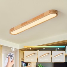 Dimmable Modern Linear LED Flush Mount Ceiling Lighting Fixtures Wood W/Remote
