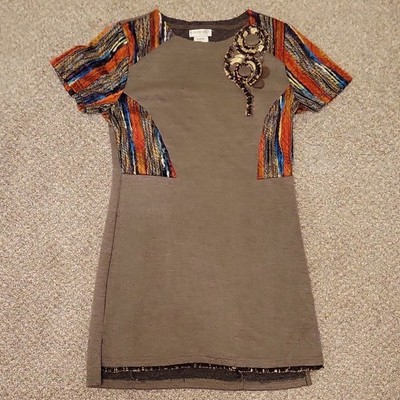 FARINELLI Brown Multicolor Striped Knit Tunic Dress Beaded Short Sleeve Size M