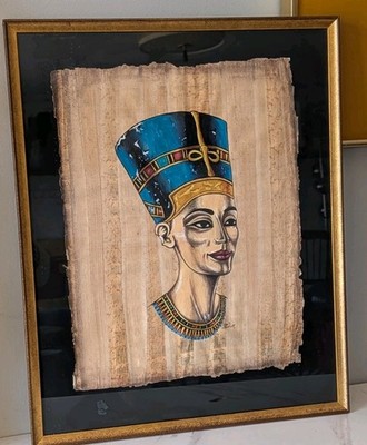 Framed Papyrus Nefertiti Painting Signed 20x16