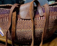Vintage Handwoven Straw Basket Bag  Leather Artisan Market Tote