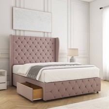 Image of Double Divan Bed Set Plush Velvet Wingback Headboard&Footboard&Mattress All Size