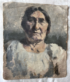 Excepcional pintura al óleo impresionista vintage de 15" x 7 5" sobre arpillera de una mujer