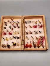 Vintage 1950s Sakura Brand Wooden Fly Fishing Box - 52 Japanese Hand-Tied Flies