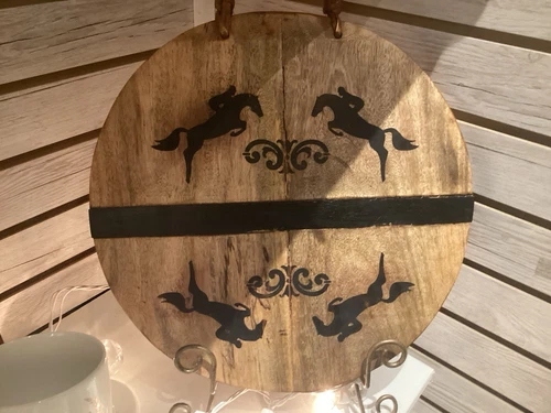 Equestrian Hunter Jumper Wood Cutting Board With Woven Handle