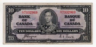 1937 BANK OF CANADA TEN 10 DOLLAR BANK NOTE KT 7332969 NICE BILL COYNE