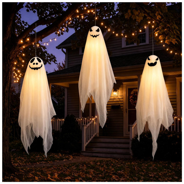 Halloween Deko Geist HäNgend 76 Cm Leuchtend 3 StüCk FüR Innen AußEn Garten-image