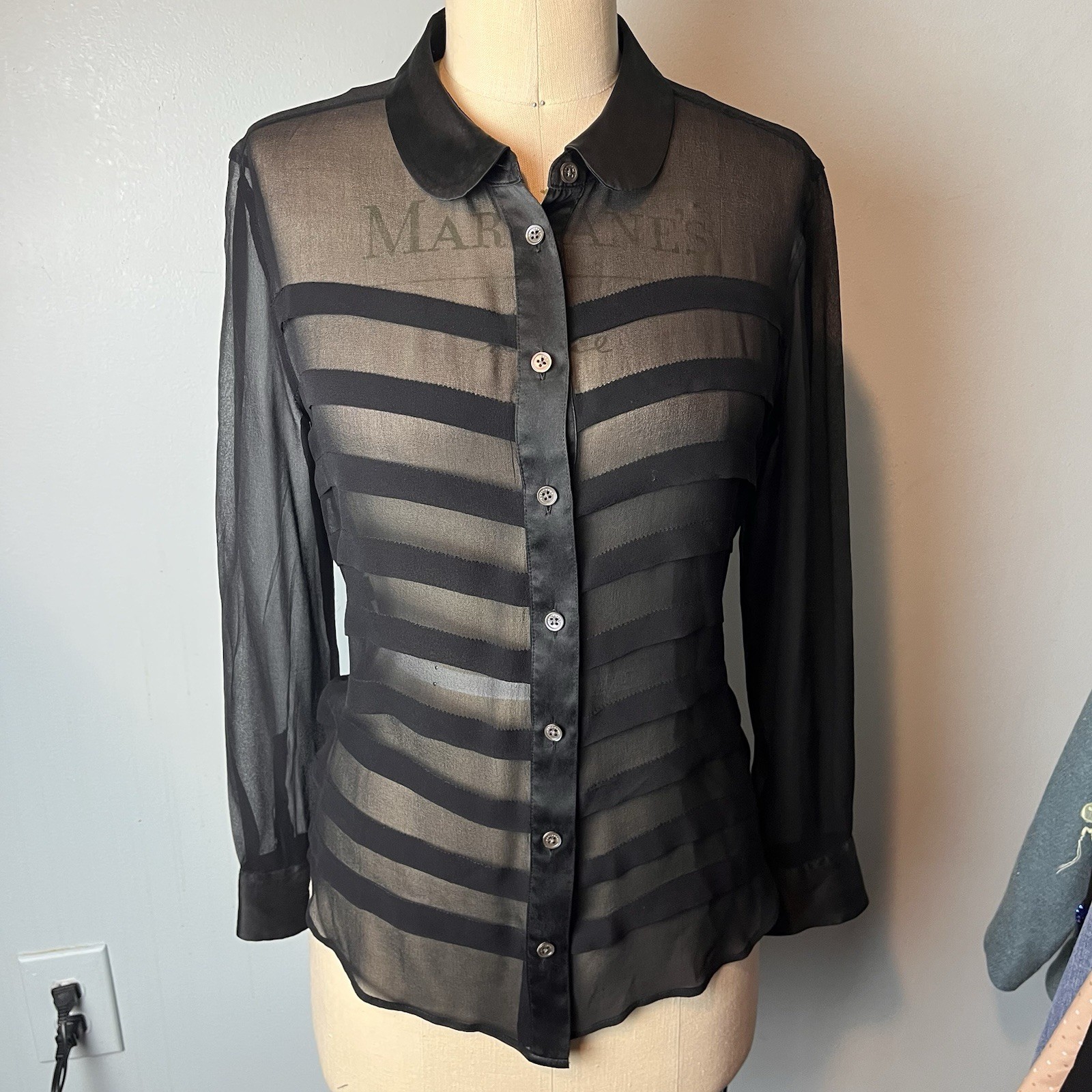 Femme Black Sheer Silk Long Sleeve Blouse Stripes Medium
