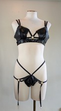 Vintage Fredericks Of Hollywood Pleather Style Bra Set. Top Medium, Bottom Large