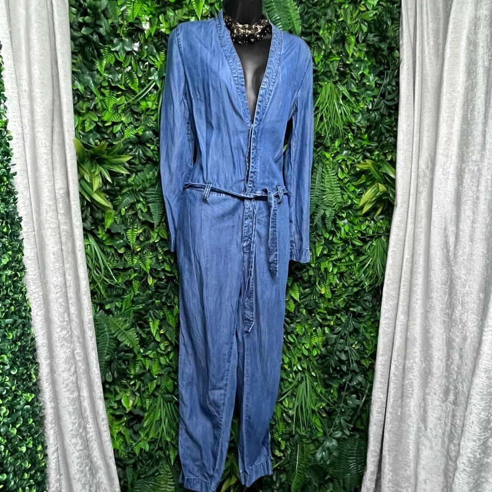 Mono Vaquero Lou Free People Talla 4 Azul Manga Larga Cinturón Cuello en V 3264 Foto 3 de 4