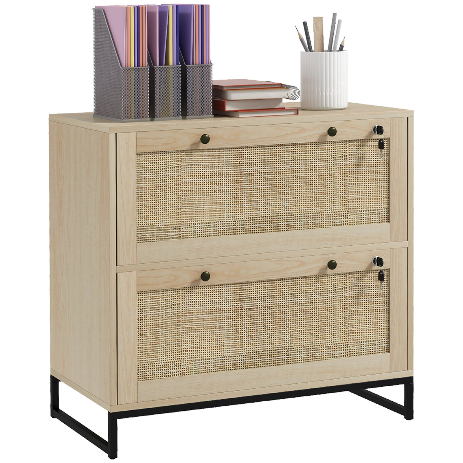 Vinsetto Rattan File Cabinet with Lock and Hanging Bar for Organized Storage