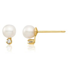 14K Solid Yellow Gold 4mm White Round Freshwater Cultured Pearls CZ Stud ...