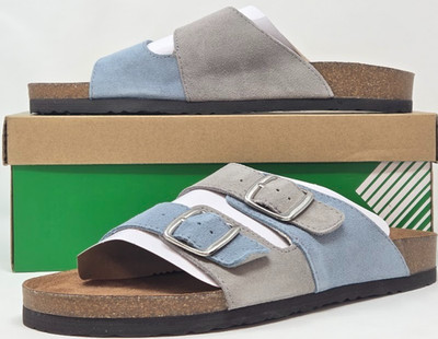 White Mountain Footbeds Hippy Women s Slide Sandals Blue Gray Leather Buckle 11M