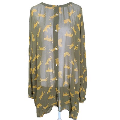 CATO Womens Top Size 18/20W Olive Tunic Sheer Button Up Blouse Big Cat Mob Wife