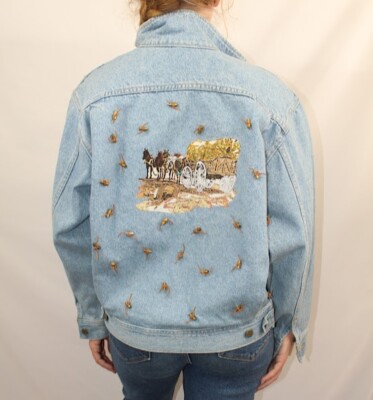 Horse Wagon Embroidery Jean Jacket with 22LR Shells -Hand crafted Women's Size M