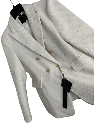 New Mina Self White & Gold Tweed Double-Breasted Blazer Size L RD10176