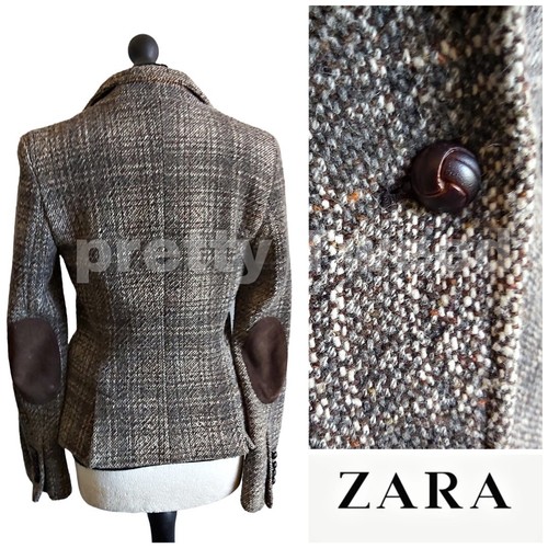 Zara Tweed Jacket Womens Brown Wool Country Hacking Blazer Size S