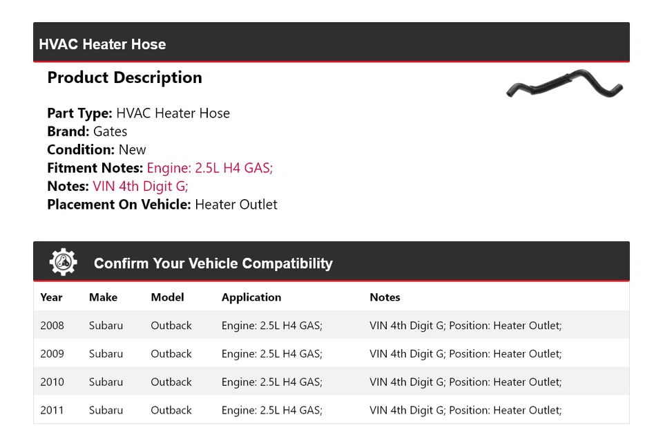 Para 2008-2011 Subaru Outback 2.5L H4 GAS HVAC aquecedor mangueira aquecedor portões de saída - Imagem 2 de 4