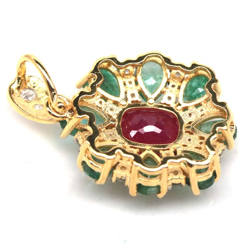 925 Sterling Silver 7 x 10 mm. Pink Ruby, Emerald & Zircon Statement Pendant - Picture 3 of 4