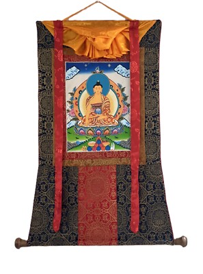 BUDDHA SHAKYAMUNI/ SIDDHARTHA ORIGINAL TIBETAN THANGKA PAINTING WITH SILK BORDER