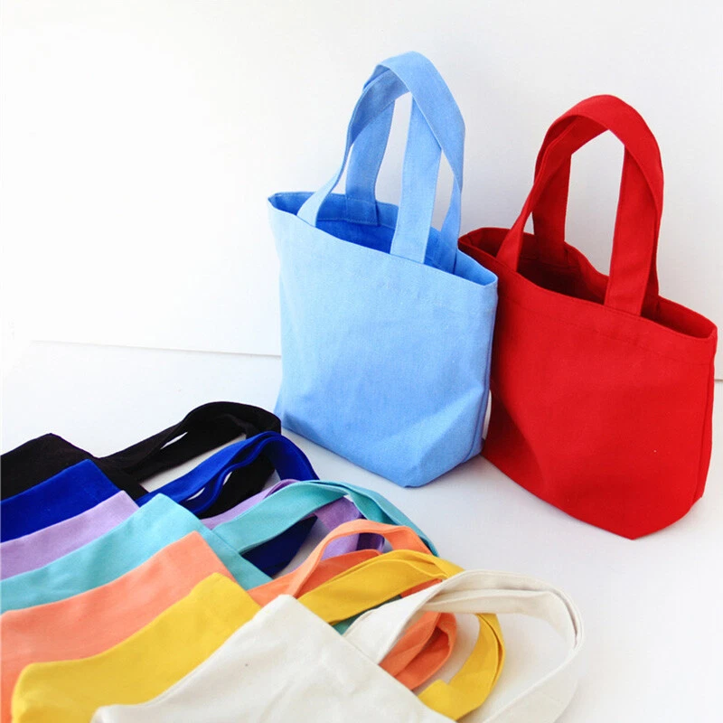 Solid Color Small Canvas Bags Cotton Tote Shopping Bag Travel Handbag Lunch Bag - Image 2 of 4