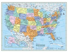 USA United States Wall Map Color Poster 22"x17" - LARGE PRINT Rolled Paper