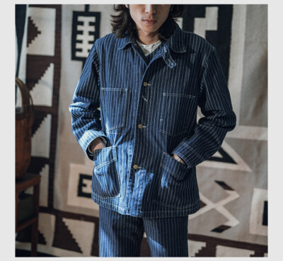 Non Stock Men Vintage Railroad Stripe Denim Coat 12oz Wabash Chore Worker Jacket