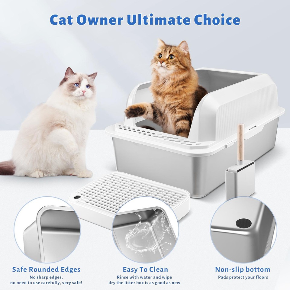 Enclosed Sides Stainless Steel Cat XL Litter Box Keep Litter In the Pan
