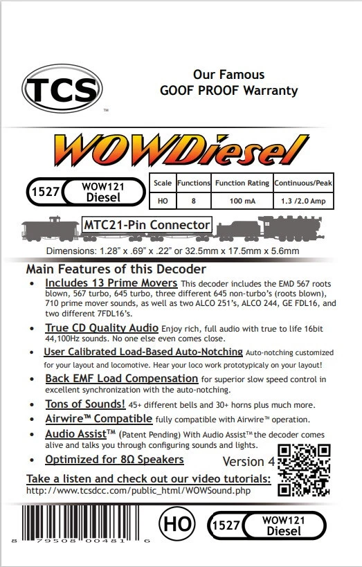 TCS WOW121 Diesel HO Scale MTC 21 Pin WOWDiesel Sound Decoder Version 4 - Image 2 of 4