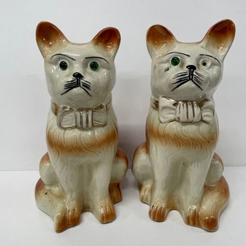 Paar antike Bo'ness schottische Keramik Kamin Katzen Glasaugen Ingwer 32 cm - Bild 1 von 6