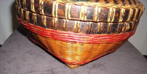 Rare Antique Japanese Handmade Handpainted Signed Lidded Bamboo Basket 9"x4.50" - Picture 6 of 14