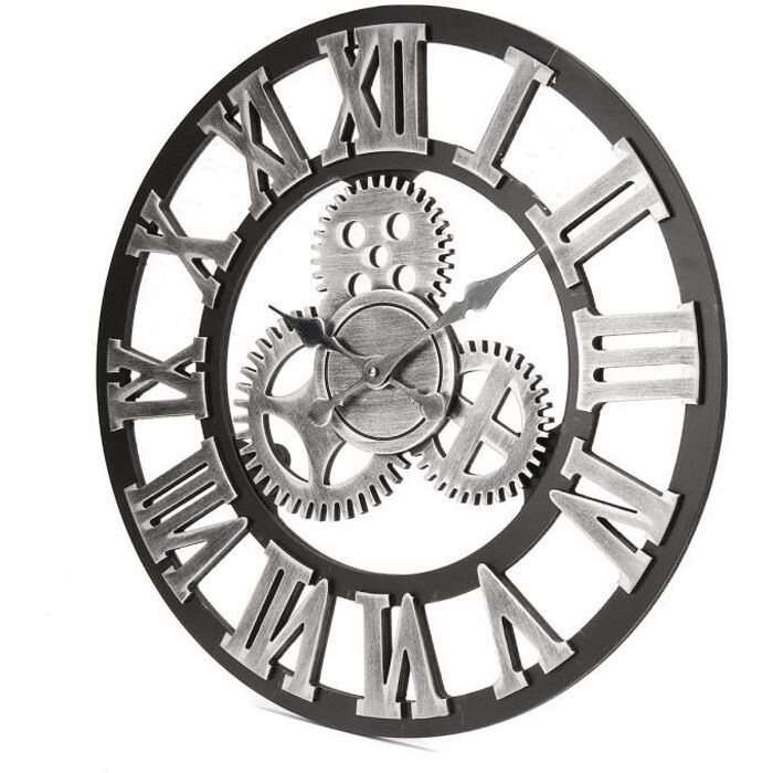 Retro 3D Wall Clock Wooden and Metal Model 60cm Black and Silver