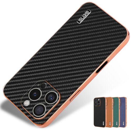For iPhone 16 Pro Max/16/15/14/11 Luxury Plating Carbon Fiber Texture Phone Case - Picture 2 of 12