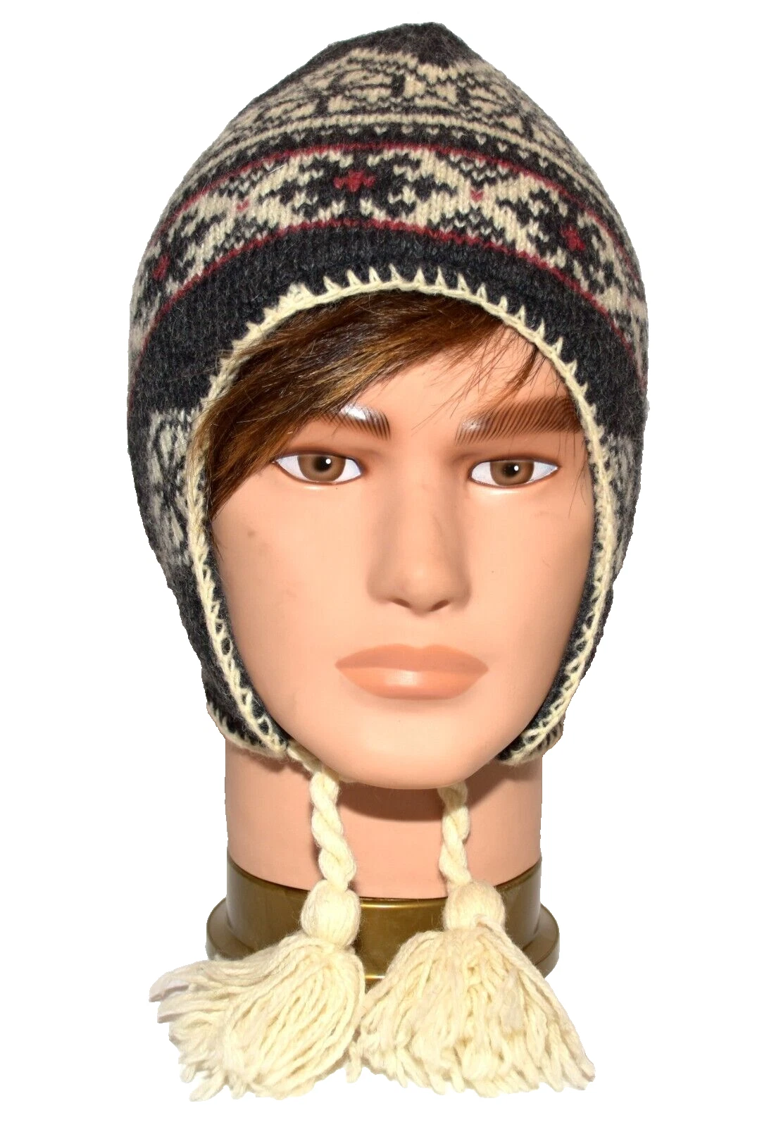 Shetland Wool Charcoal Burgundy Accent Ear Flaps Tassels Chin Tie Mens Beanie