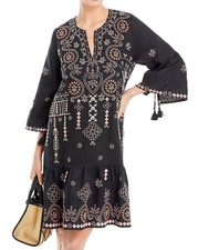 BNWT Johnny Was Faye Kimono Sleeve Embroidered Flounce Linen Dress Black M 270