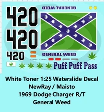 White Toner 1:25 Waterslide Decal 1969 Dodge Charger R/T General Weed