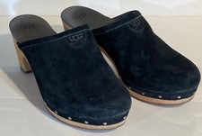 Women's UGGS Black Suede Leather Lined Slip-on Clog Heels Size 8